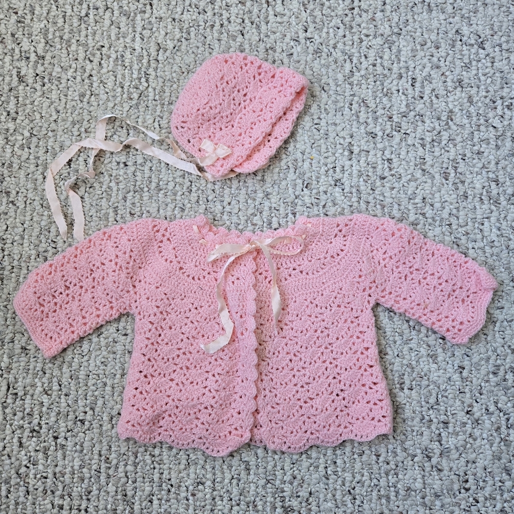 Handmade Crocheted Baby Sweater and Hat in Pink